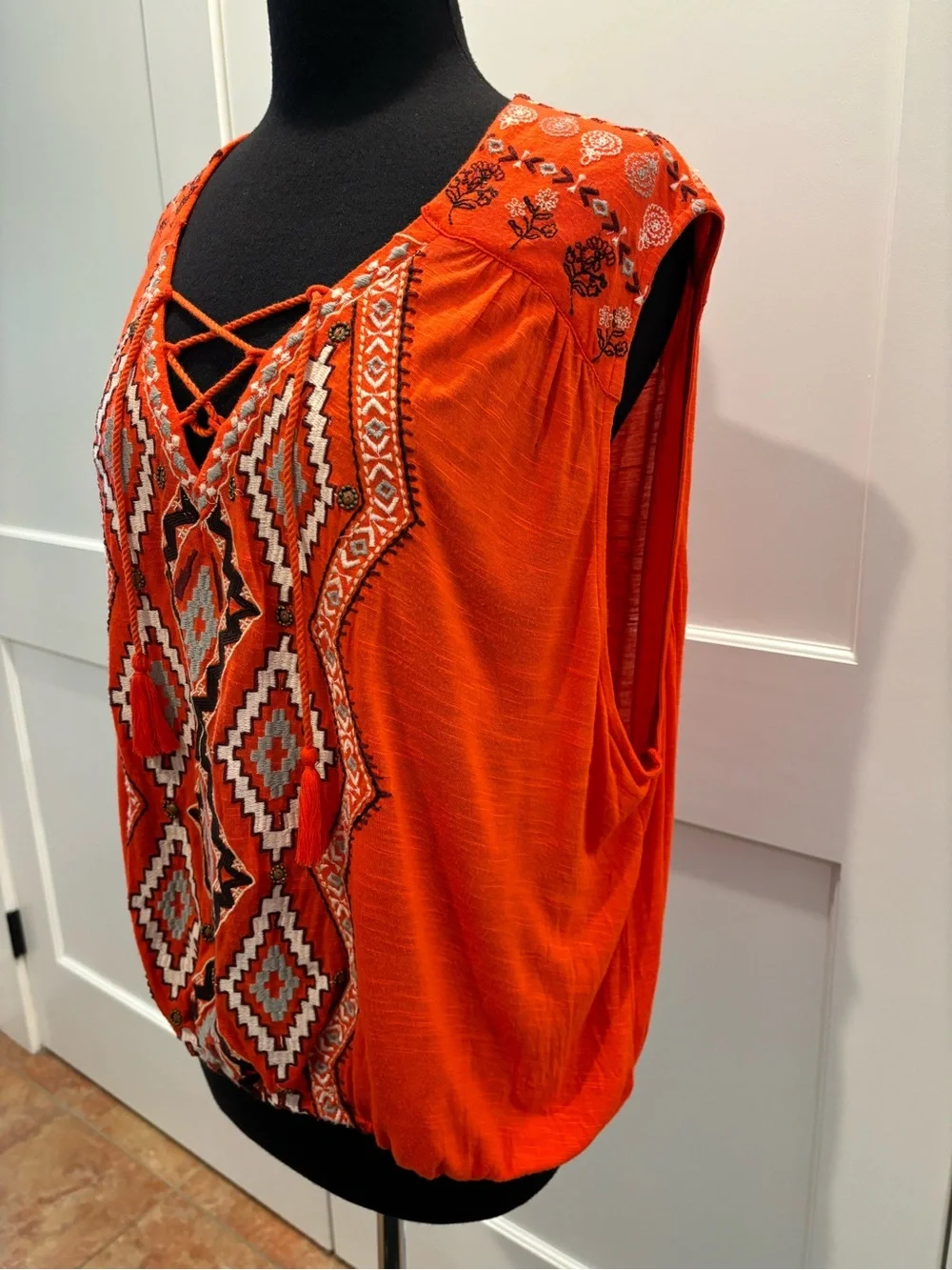 Free People Embroidered Bohemian Tassel Sleeveless Top Open Back Orange Women M